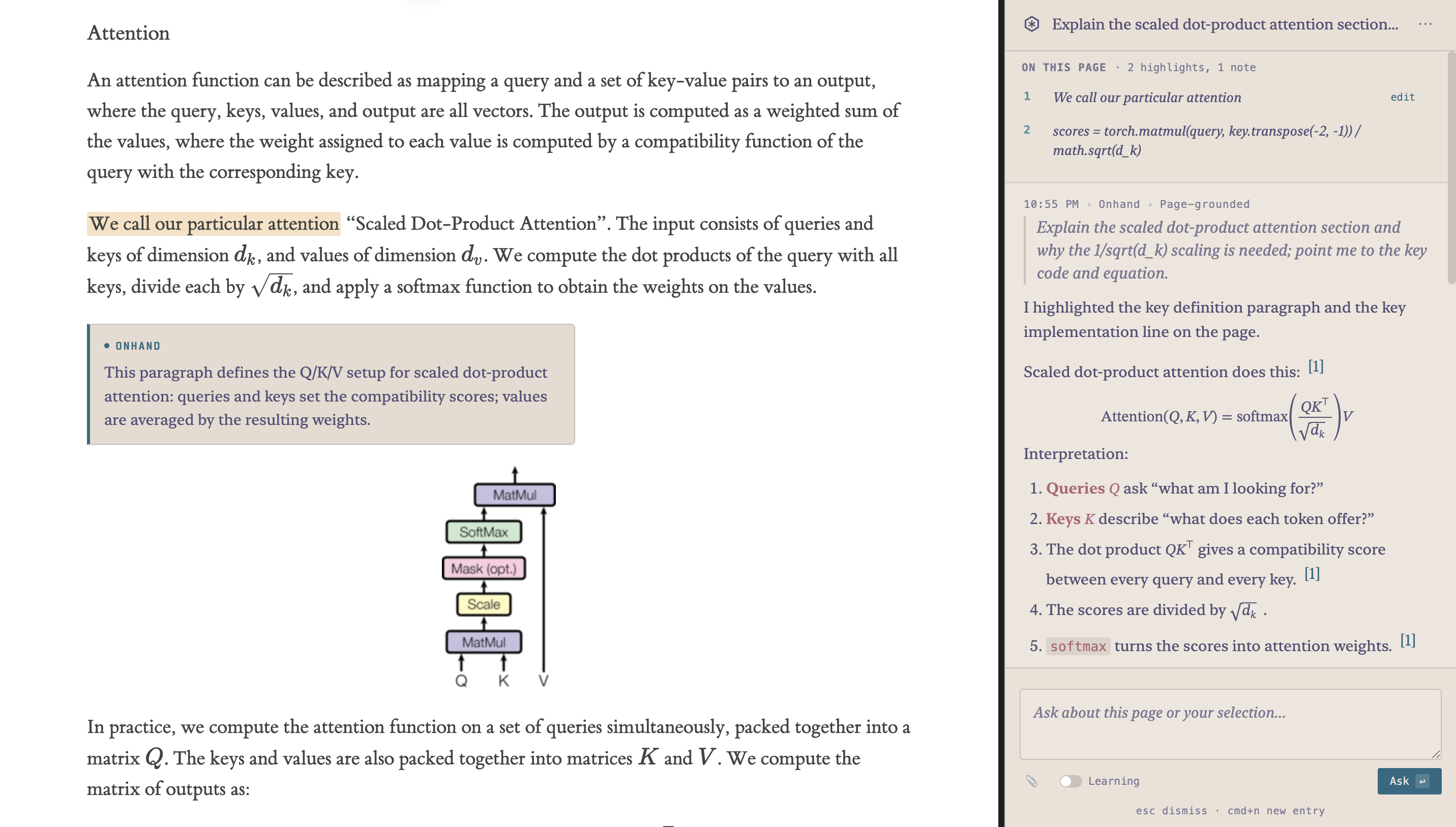Onhand explaining scaled dot-product attention. The page on the left shows a highlighted line and a margin note; the sidebar on the right shows the question, the answer with inline citations, and the equation rendered.